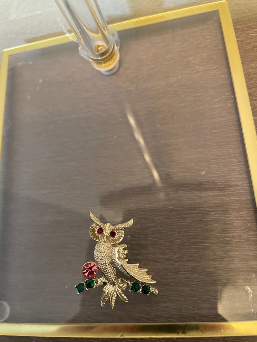 Artisan Gold Owl Brooch with Pink and Green Stones - Picture 7 of 7